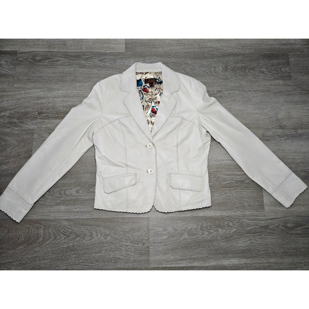 Danier Vintage Leather Jacket Cream White Scalloped Trim Floral Lining Womens L
